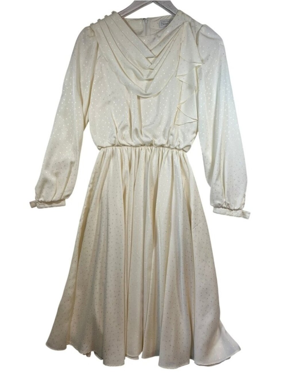 Ever Sun Vintage 80s Cream Jacquard Midi Dress Asymmetric‎ Drape Ruffle Womens